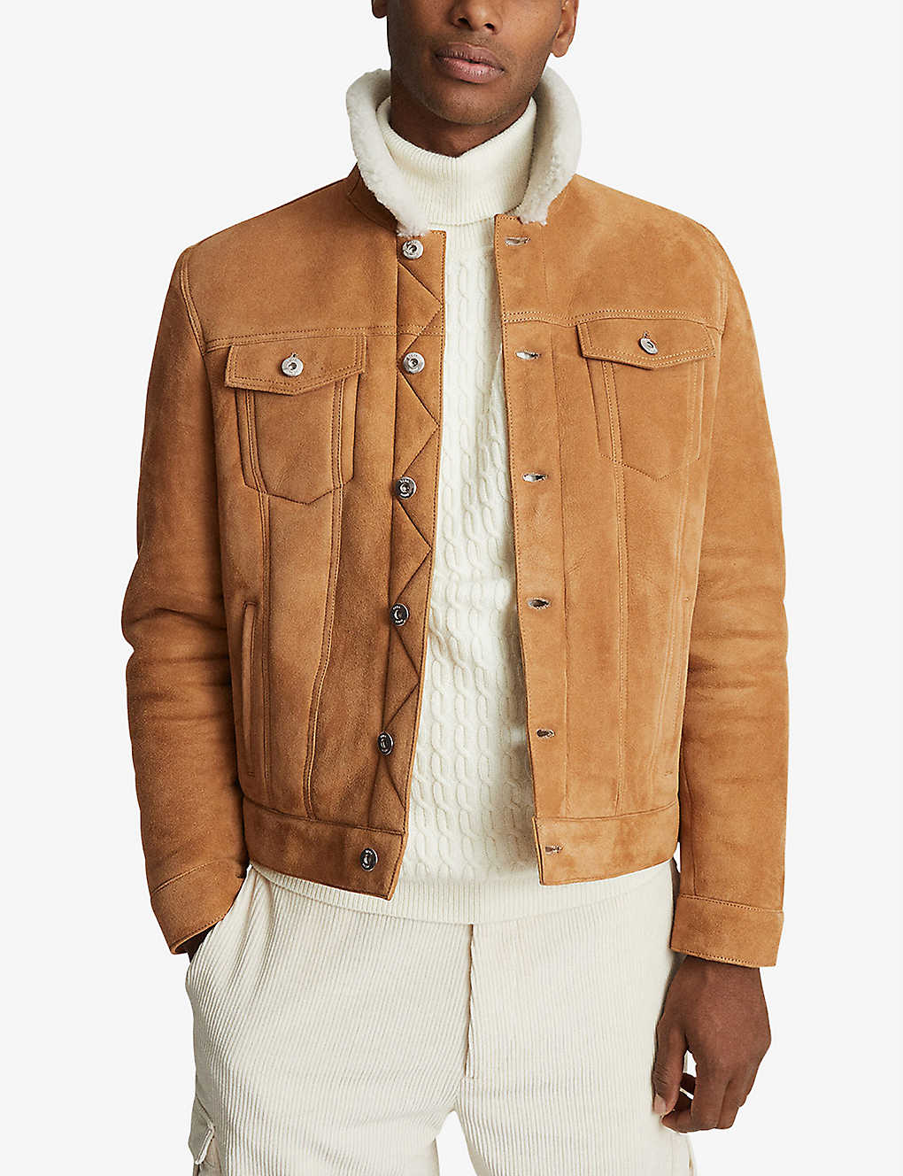 Faux Shearling Collar Real Suede Trucker Leather Jacket