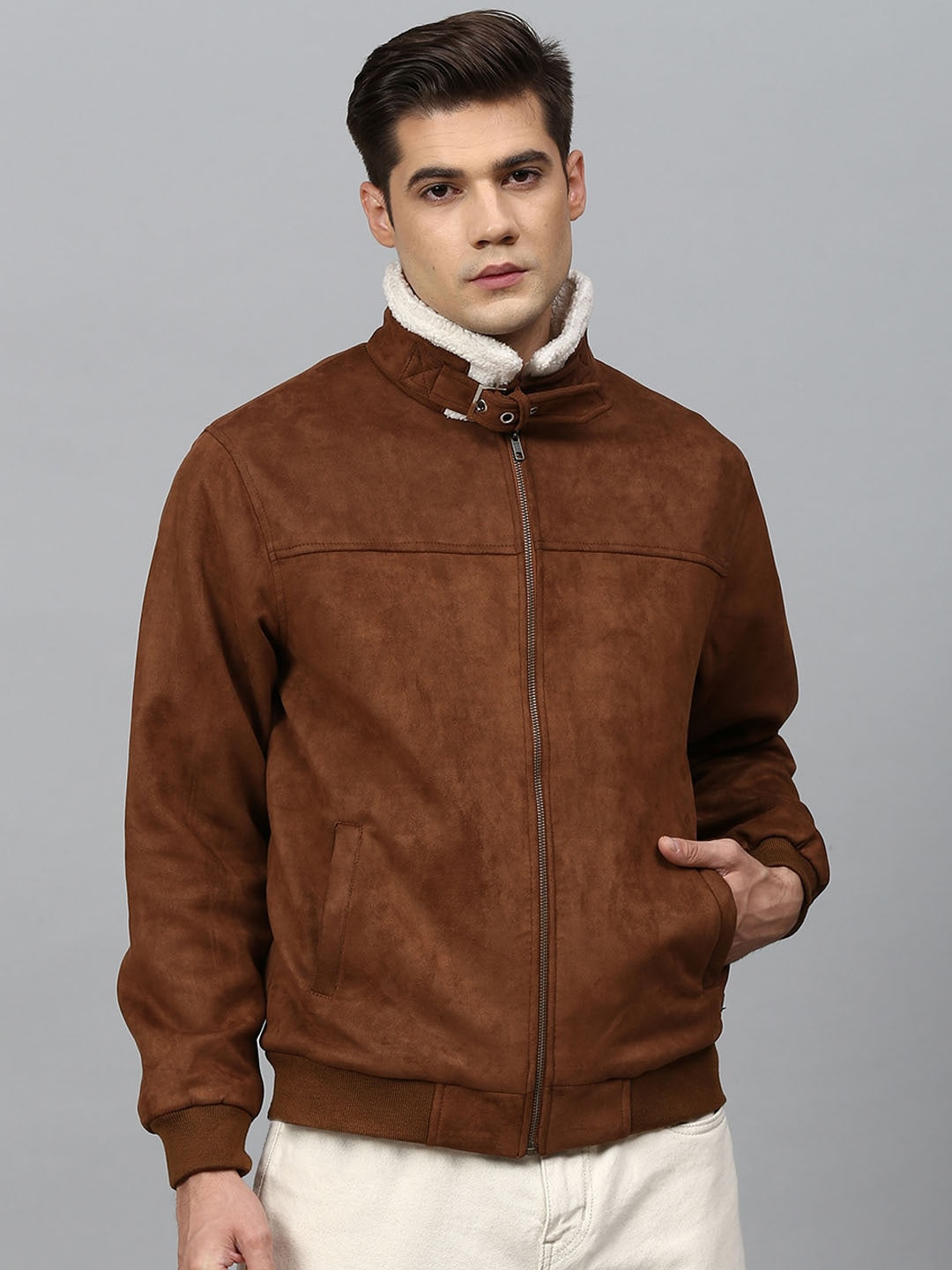Real Brown Suede Windbreaker Padded Jacket for Men