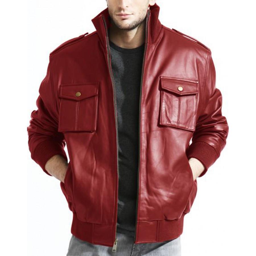 Men's Lambskin Bomber Red Leather Jacket