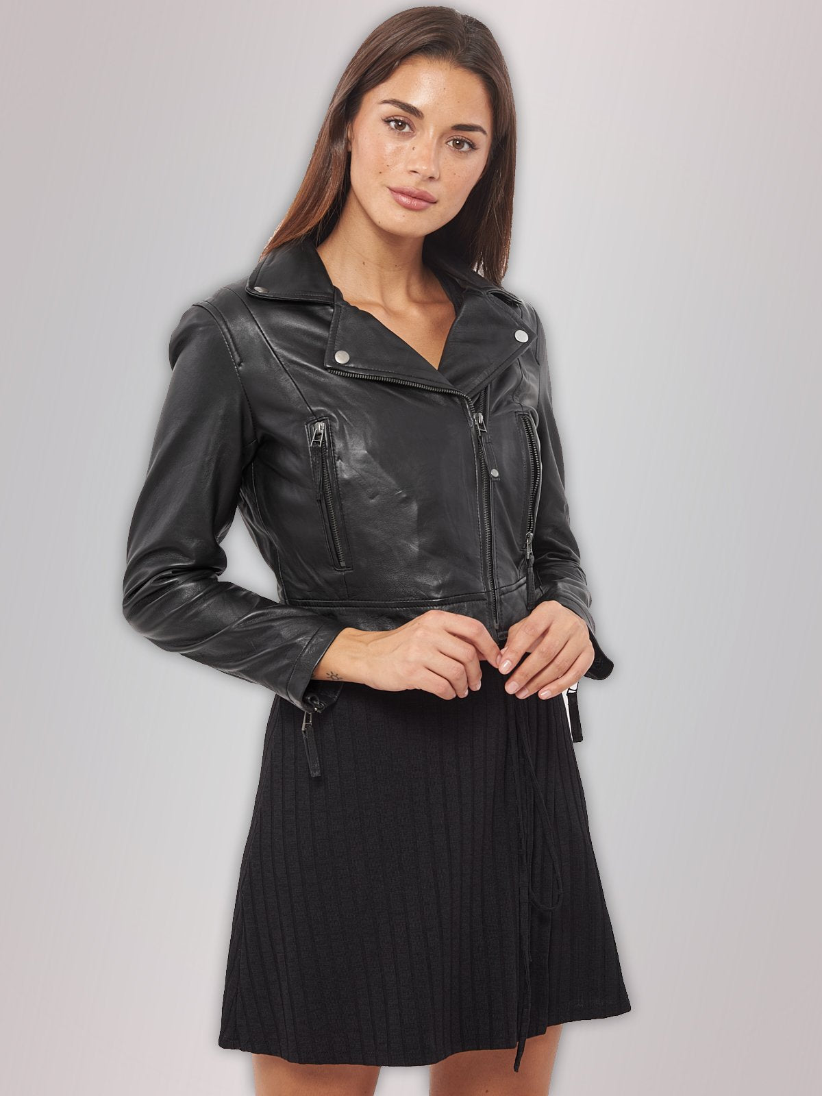 Women Black Biker Short Body Leather Jacket