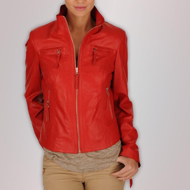 Motocycle Red Ladies Leather Jacket