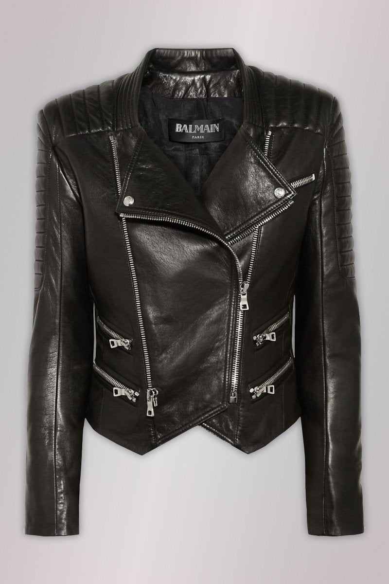 Black Leather Quilted Biker Jacket
