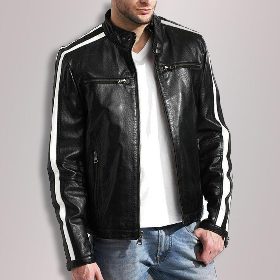 Men's Black Leather White Stripe Moto Racer Jacket