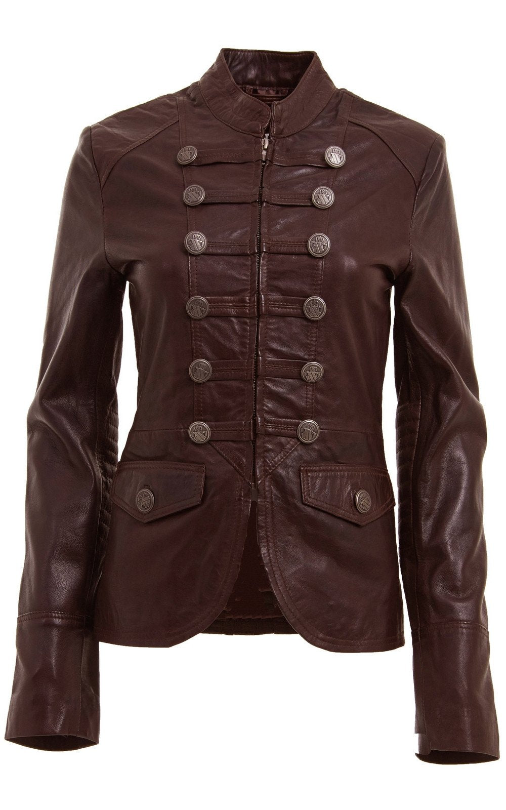 WOMENS BROWN AND BLACK MILITARY STYLE LEATHER BLAZER JACKET