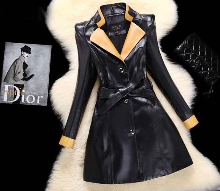 Woman Leather Overcoat Winter Sheepskin Long Slim Black Jackets