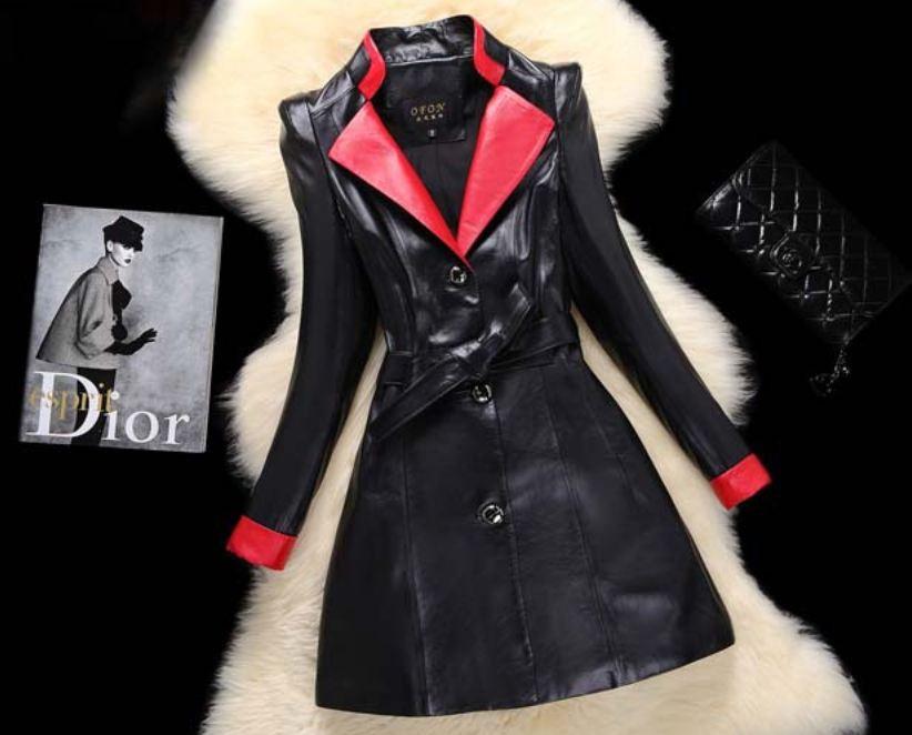 Woman Leather Overcoat Winter Sheepskin Long Slim Black Jackets