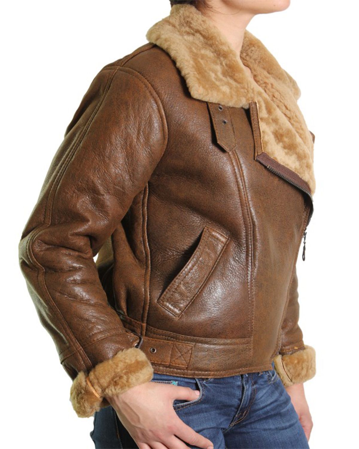 Womens Fur Shearling Bomber Aviator Leather Jacket