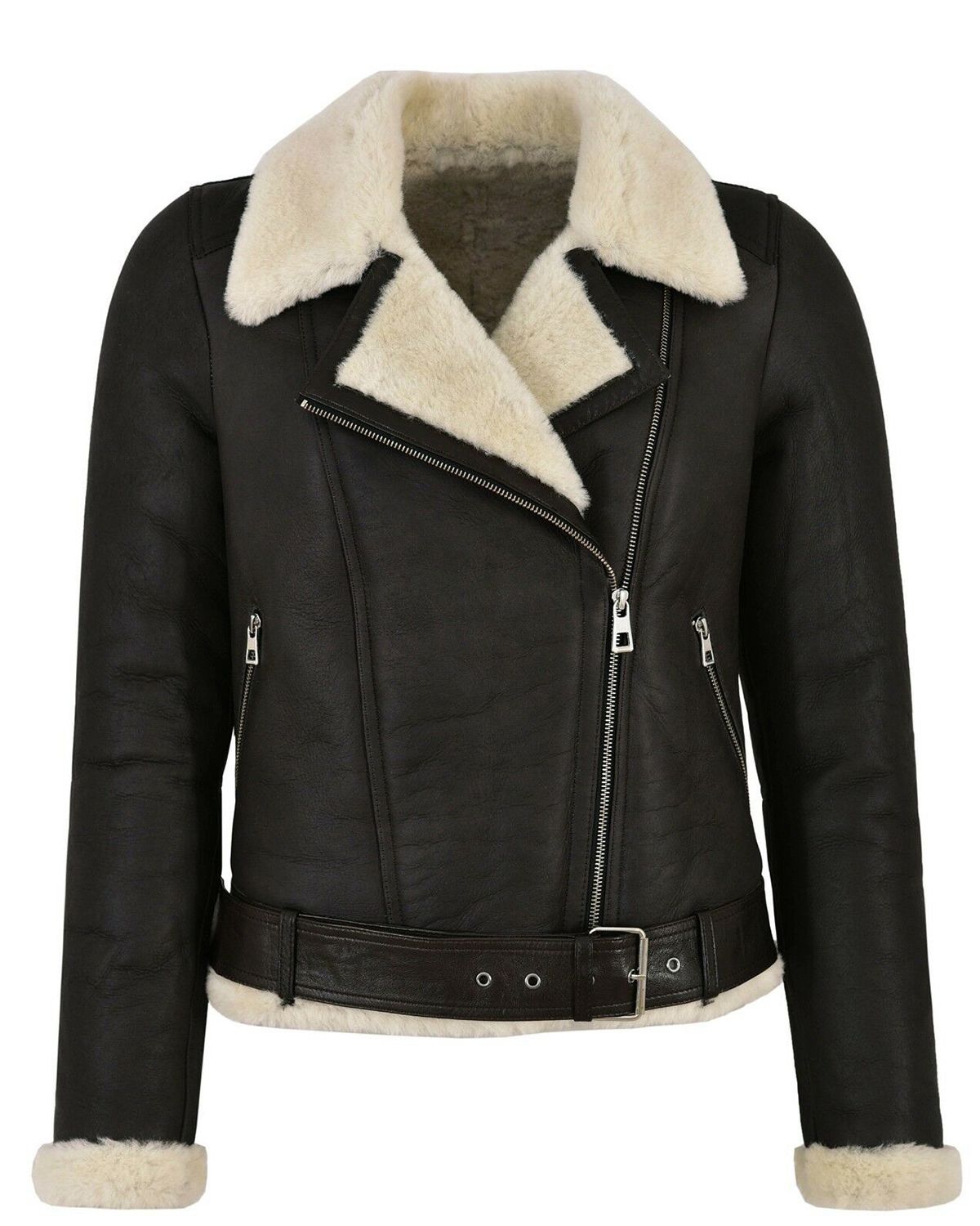 Womens Fur Shearling Bomber Black Leather Jacket