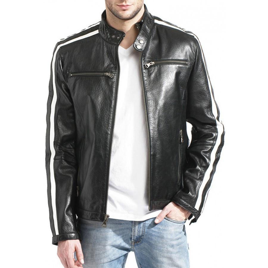 Men's Black Leather White Stripe Moto Racer Jacket