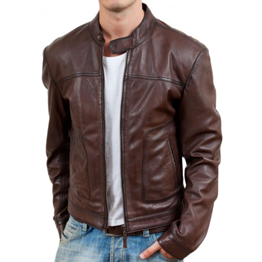 Men's Casual Bomber Style Brown Leather Jacket