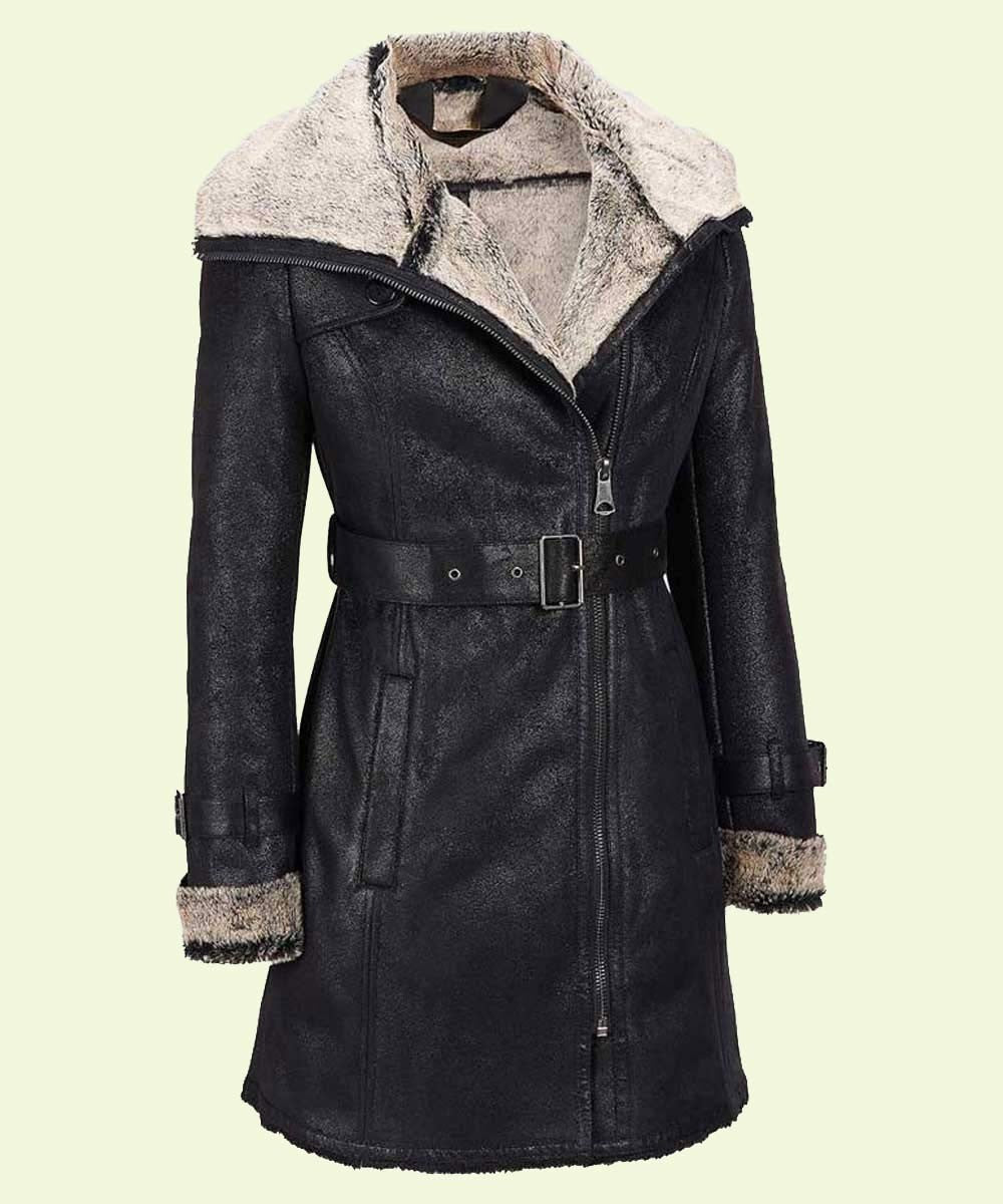 Women's Black Leather Shearling Mid-Length Coat